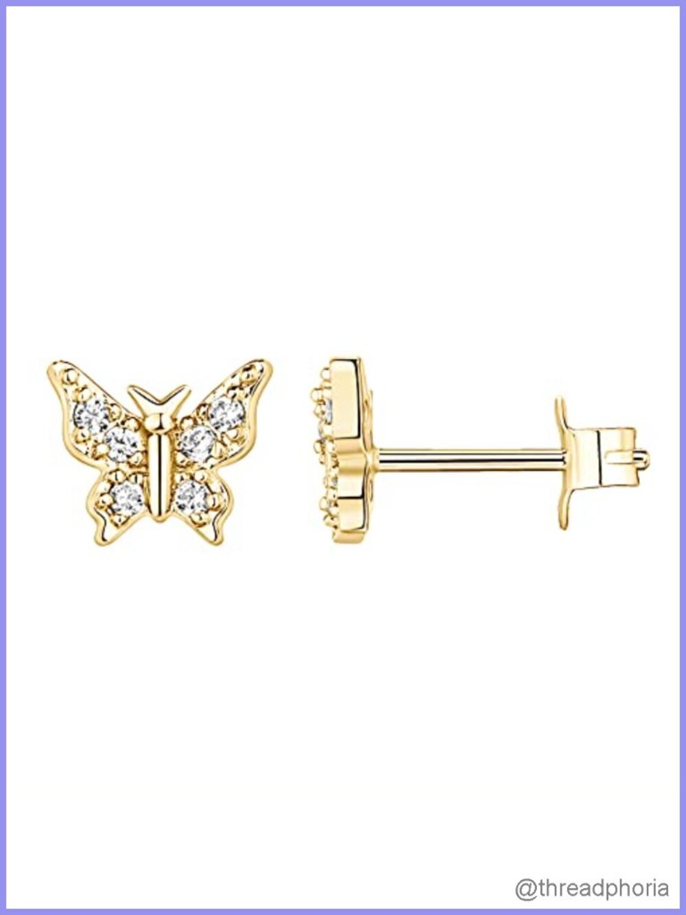 14K Gold Plated Butterfly Stud Earrings CZ 6mm Hypoallergenic Piercing